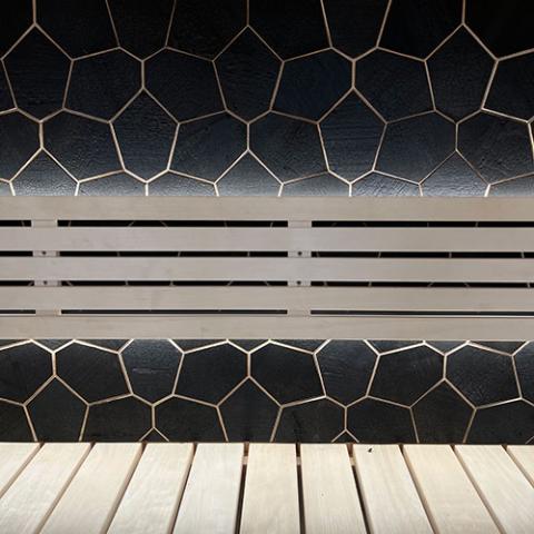 EmotionWood Black Abachi Wood Wall Panel in Sauna