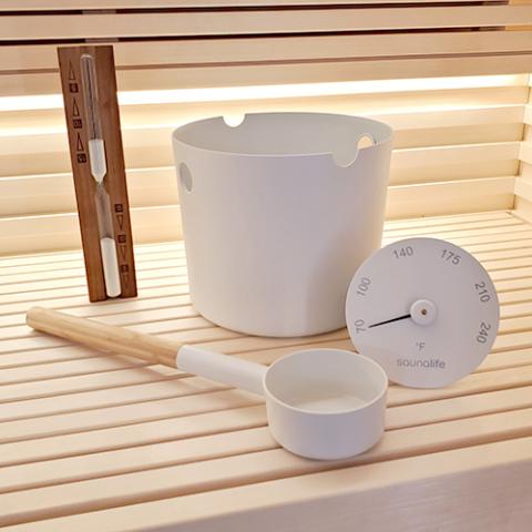 saunalife sauna bucket and ladle thermometer sand timer white