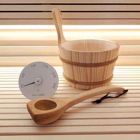 sauna bucket and ladle with thermometer