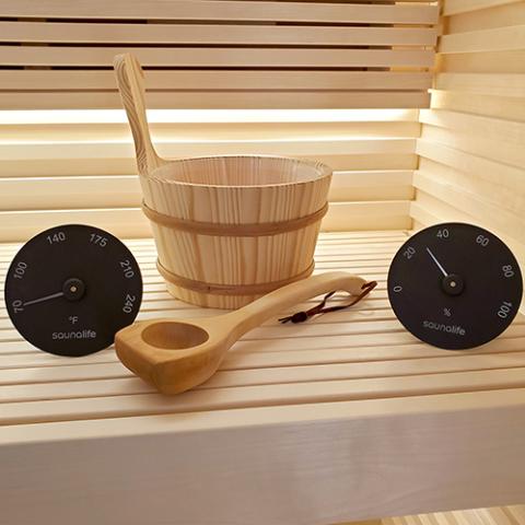 Sauna bucket ladle thermometer hygrometer set saunalife